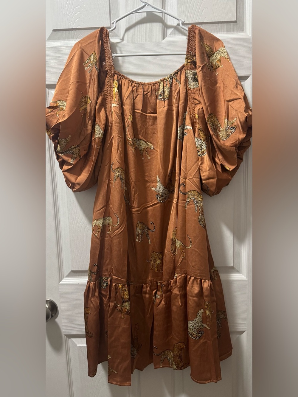 entro Rust Brown Animal Print Puff Sleeve Midi Dress - Picture 8 of 9